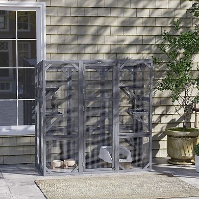 PawHut Catio Outdoor Cat Enclosure, Large Wooden Cat House with 6 Jumping Platforms