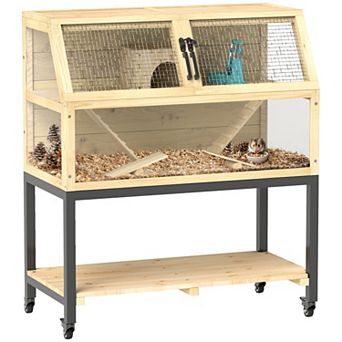 PawHut Hamster Cage on Wheels with Storage Shelf, Seesaws, Water Bottle, 34"L x 17"W x 40"H