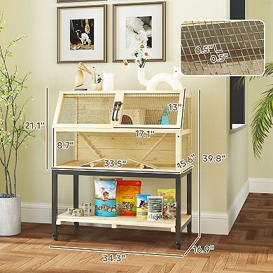 PawHut Hamster Cage on Wheels with Storage Shelf, Seesaws, Water Bottle, 34"L x 17"W x 40"H