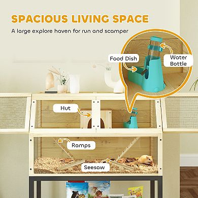 PawHut Hamster Cage on Wheels with Storage Shelf, Seesaws, Water Bottle, 34"L x 17"W x 40"H