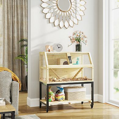 PawHut Hamster Cage on Wheels with Storage Shelf, Seesaws, Water Bottle, 34"L x 17"W x 40"H