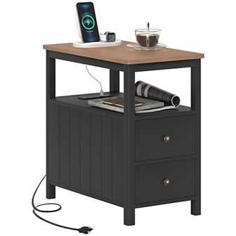 Homcom Narrow End Table With Charging Station, Usb Ports, Drawers