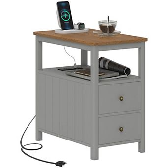 Homcom Narrow End Table With Charging Station, Usb Ports, Drawers