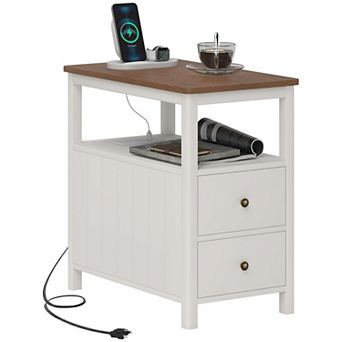 Homcom Narrow End Table With Charging Station, Usb Ports, Drawers