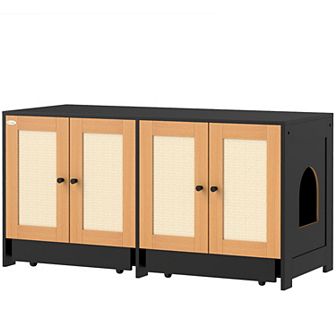 PawHut Cat Litter Box Enclosure w/ 2 Cabinets, Scratching Mats, Trays