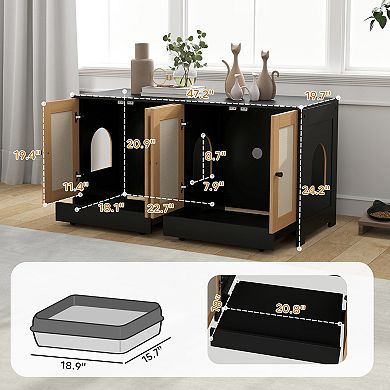 PawHut Cat Litter Box Enclosure w/ 2 Cabinets, Scratching Mats, Trays