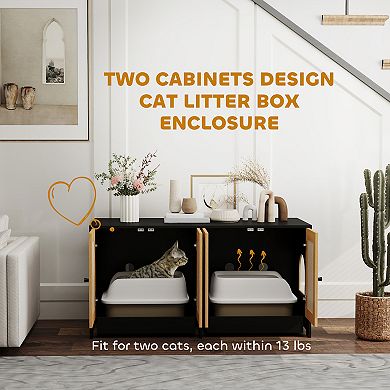 PawHut Cat Litter Box Enclosure w/ 2 Cabinets, Scratching Mats, Trays