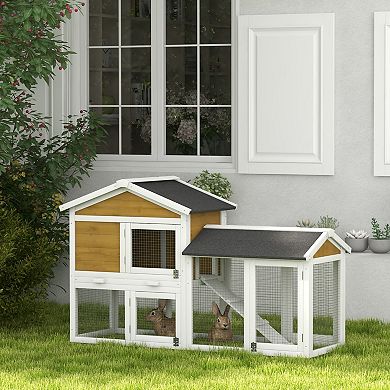 PawHut 58" Wooden Rabbit Hutch with Run, Tray, Asphalt Roof