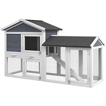 PawHut 58" Wooden Rabbit Hutch with Run, Tray, Asphalt Roof