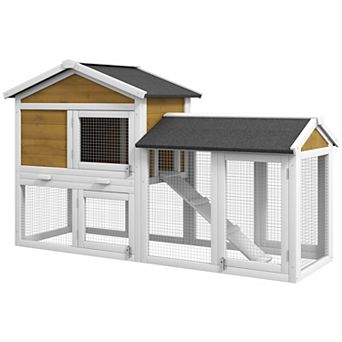 PawHut 58" Wooden Rabbit Hutch with Run, Tray, Asphalt Roof