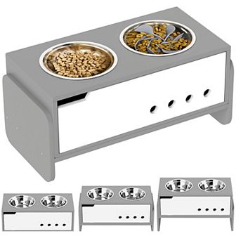 PawHut 3 Height Adjustable Elevated Dog Bowls, Raised Dog Bowls with Slow Feeder Mat