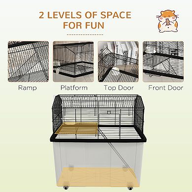PawHut 22" 2-Tier Hamster Cage with Extra-Deep 14" Base, Small Animal Cage with Ramp