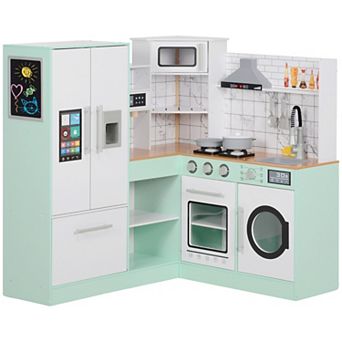 Qaba Play Kitchen, Corner Kids Kitchen Playset w/ Chalkboard, Range Hood, Ice Maker, Stove