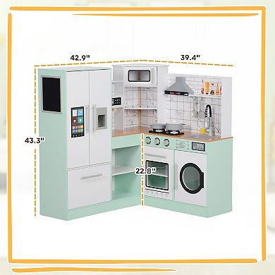 Qaba Play Kitchen, Corner Kids Kitchen Playset w/ Chalkboard, Range Hood, Ice Maker, Stove