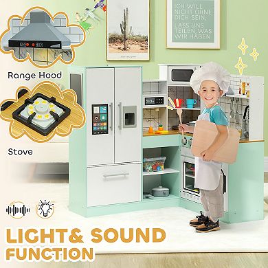 Qaba Play Kitchen, Corner Kids Kitchen Playset w/ Chalkboard, Range Hood, Ice Maker, Stove