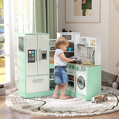 Qaba Play Kitchen, Corner Kids Kitchen Playset w/ Chalkboard, Range Hood, Ice Maker, Stove