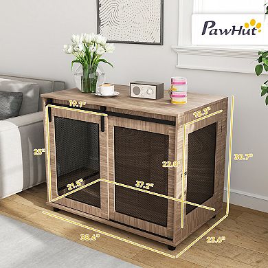 PawHut 39" Dog Crate Furniture, Dog Kennel Furniture End Table with Sliding Barn Door