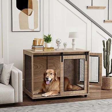 PawHut 39" Dog Crate Furniture, Dog Kennel Furniture End Table with Sliding Barn Door