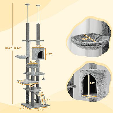 PawHut 89"-100" Floor to Ceiling Cat Tree with Cat Perch, Condo
