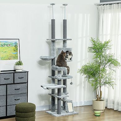 PawHut 89"-100" Floor to Ceiling Cat Tree with Cat Perch, Condo