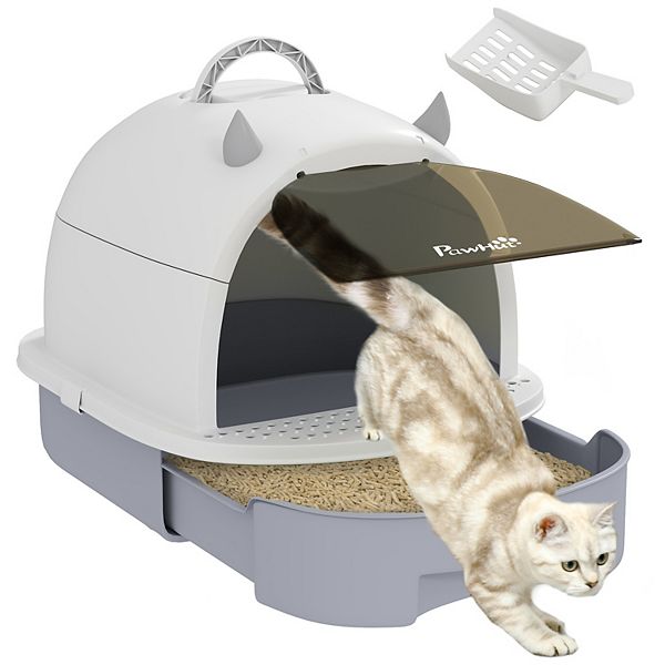 PawHut Cat Litter Box with Lid, Covered Kitty Litter Box with Scoop, Carbon Filter - Gray
