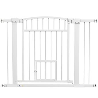 PawHut 30"-41" Dog Gate w/ Cat Door, 3-Inch & 5.5-Inch Extension Kit, 30" H