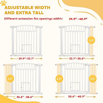 PawHut 30"-41" Dog Gate w/ Cat Door, 3-Inch & 5.5-Inch Extension Kit, 30" H