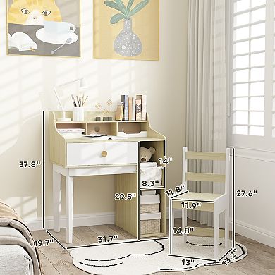 Qaba Kids Desk and Chair Set with Storage Shelves, Drawer