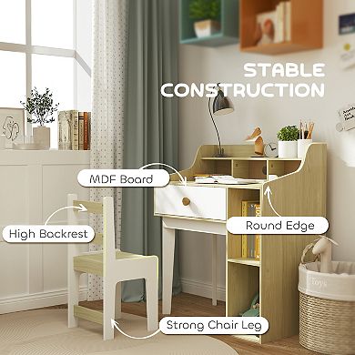 Qaba Kids Desk and Chair Set with Storage Shelves, Drawer