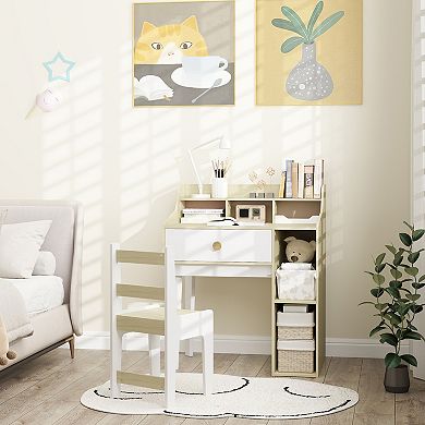 Qaba Kids Desk and Chair Set with Storage Shelves, Drawer