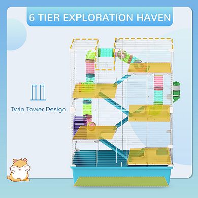 PawHut 32" Hamster Cage, 6 Tier Small Animal Cage with Tubes and Tunnels, Hut, Wheel, Food Dish