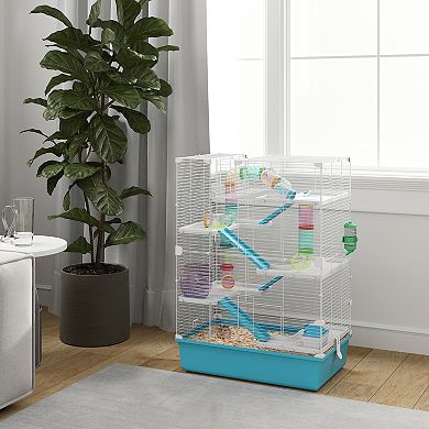 PawHut 32" Hamster Cage, 6 Tier Small Animal Cage with Tubes and Tunnels, Hut, Wheel, Food Dish