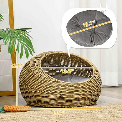Pawhut Rattan Cat Bed With Washable Cushion For Cats, Puppies