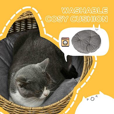 Pawhut Rattan Cat Bed With Washable Cushion For Cats, Puppies