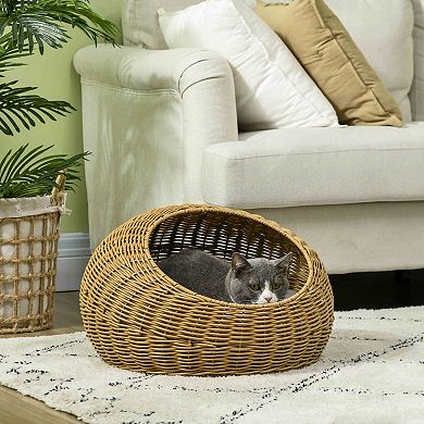 Pawhut Rattan Cat Bed With Washable Cushion For Cats, Puppies