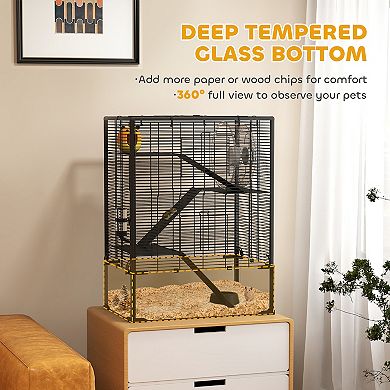 PawHut Hamster Cage, 4 Tiers Hamster Tank with Deep Glass Bottom, 24inchL