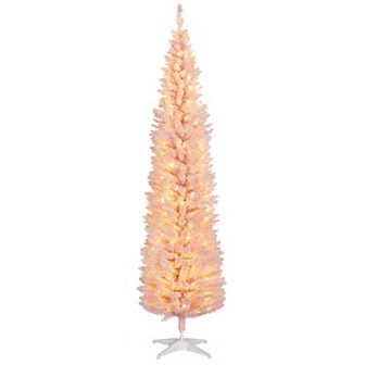 HOMCOM 7' Flocked Artificial Christmas Tree w/ Warm White LED Lights Pink