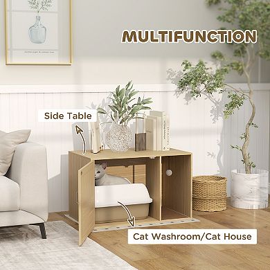 PawHut Boho Style Cat Litter Box Enclosure with Rattan Door, Scratching Mat, Non-slip Foot Pads