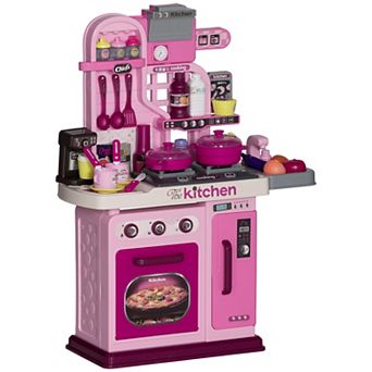 Qaba Kids Play Kitchen with Lights, Sounds, 33 Accessories, Storage