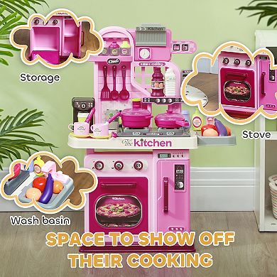 Qaba Kids Play Kitchen with Lights, Sounds, 33 Accessories, Storage