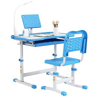 Qaba Kids Table and Chair Set with USB Light, Storage Drawer