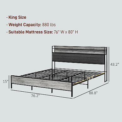 HOMCOM LED King Size Bed Frame with Headboard Charging Station