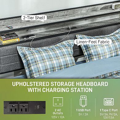HOMCOM LED King Size Bed Frame with Headboard Charging Station