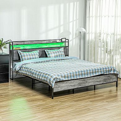 HOMCOM LED King Size Bed Frame with Headboard Charging Station