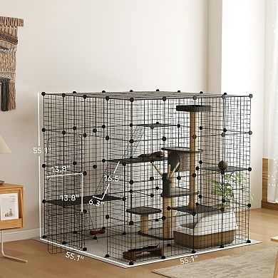 PawHut 4-Tier Large Cat Cage, 55" DIY Cat Playpen with Platforms, Ramps, Accessories