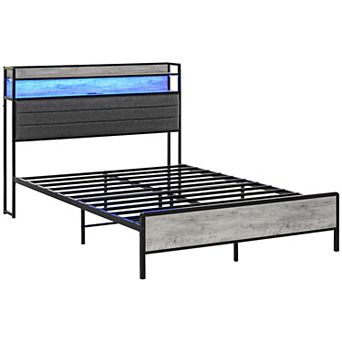 HOMCOM LED Full Size Bed Frame with Headboard Charging Station