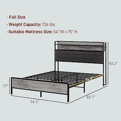 HOMCOM LED Full Size Bed Frame with Headboard Charging Station