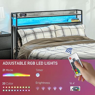 HOMCOM LED Full Size Bed Frame with Headboard Charging Station