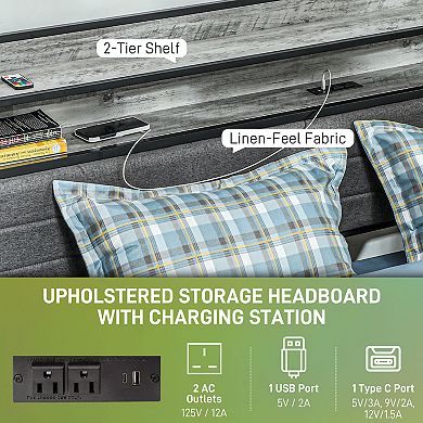 HOMCOM LED Full Size Bed Frame with Headboard Charging Station