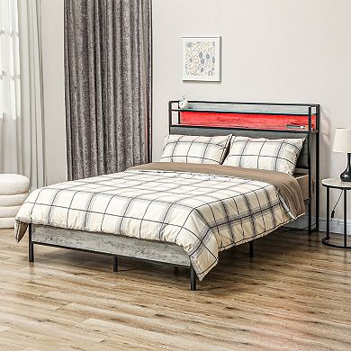 HOMCOM LED Full Size Bed Frame with Headboard Charging Station